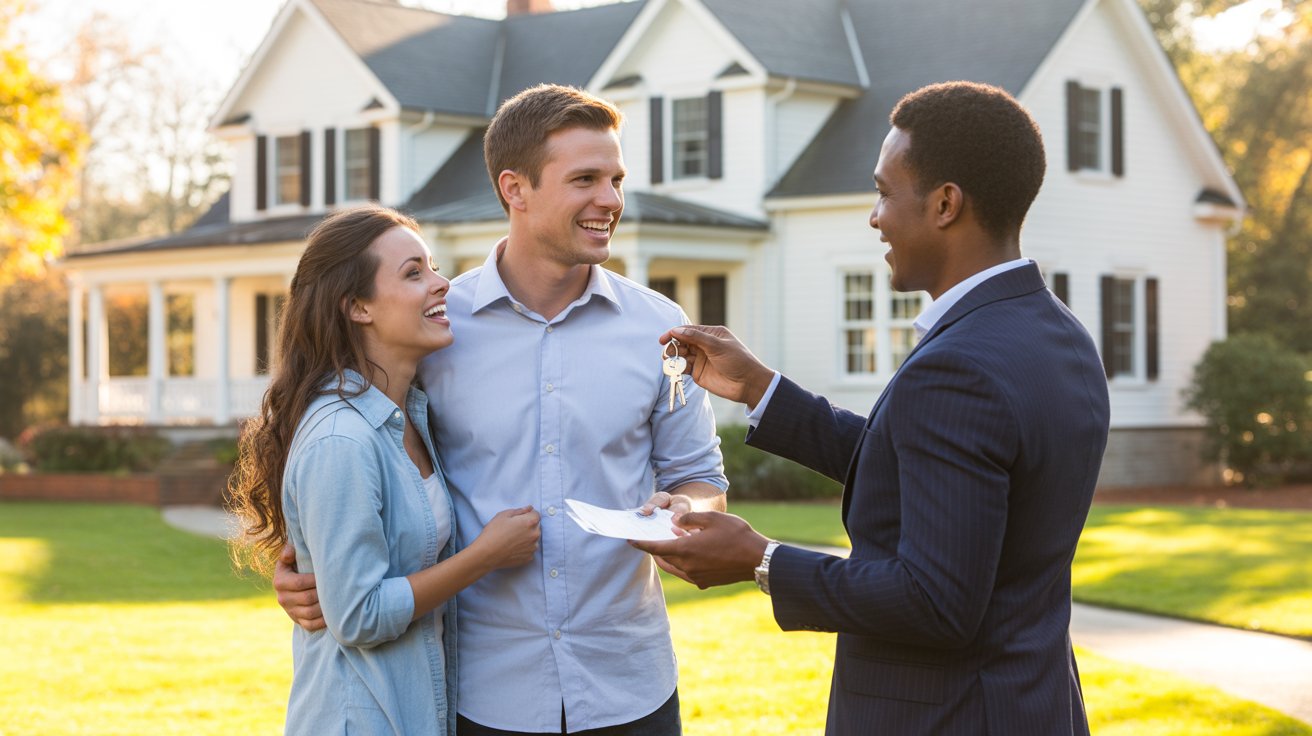 Happy couple receiving house keys in front of their new home
